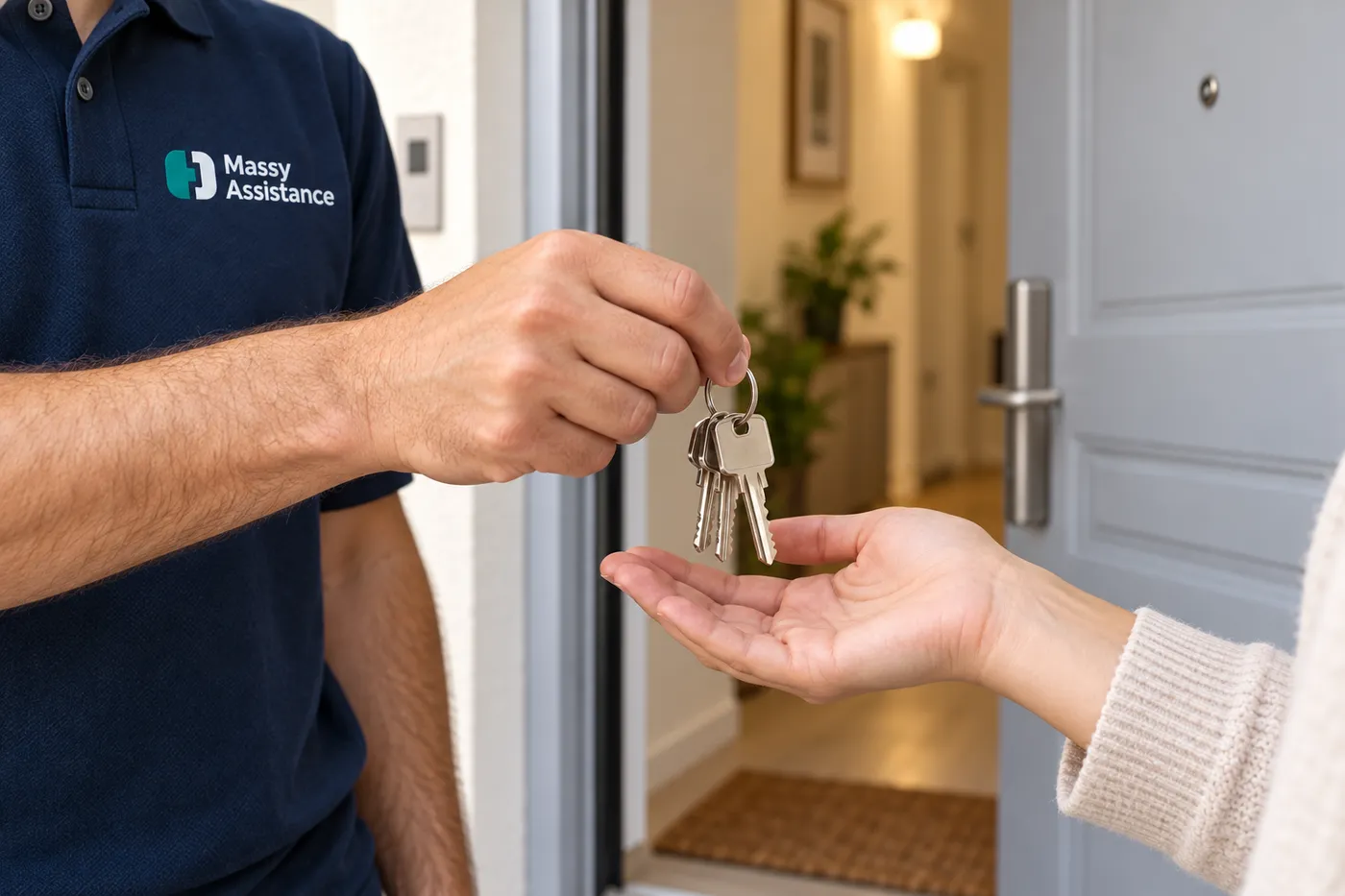 Remise d'un jeu de clés à une habitante devant la porte ouverte de son logement à Massy